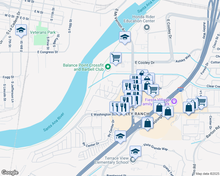map of restaurants, bars, coffee shops, grocery stores, and more near 1077 South Santo Antonio Drive in Colton