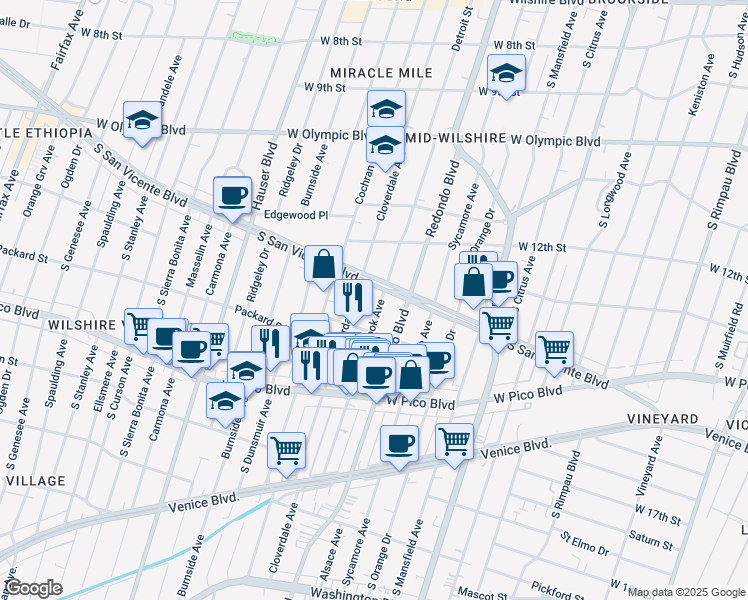 map of restaurants, bars, coffee shops, grocery stores, and more near 1270 South Cloverdale Avenue in Los Angeles