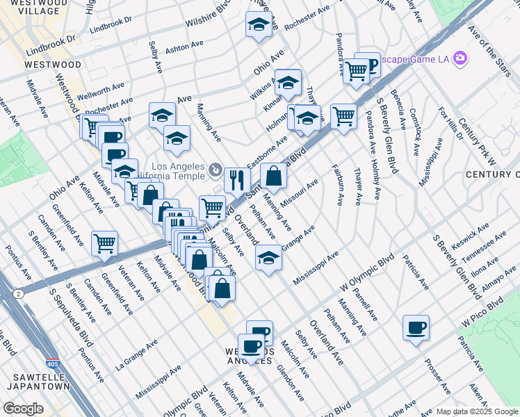 map of restaurants, bars, coffee shops, grocery stores, and more near 1818 Pelham Avenue in Los Angeles