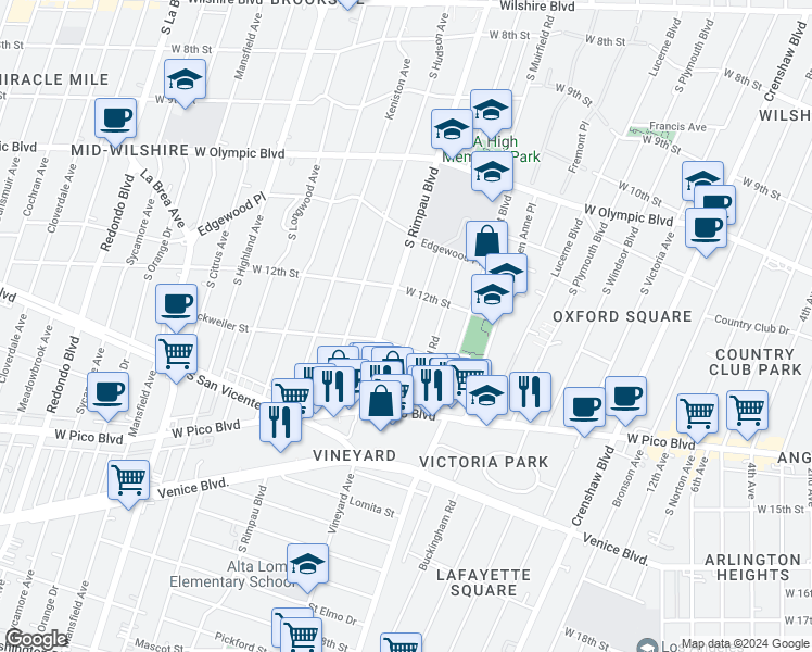 map of restaurants, bars, coffee shops, grocery stores, and more near 1231 South Mullen Avenue in Los Angeles