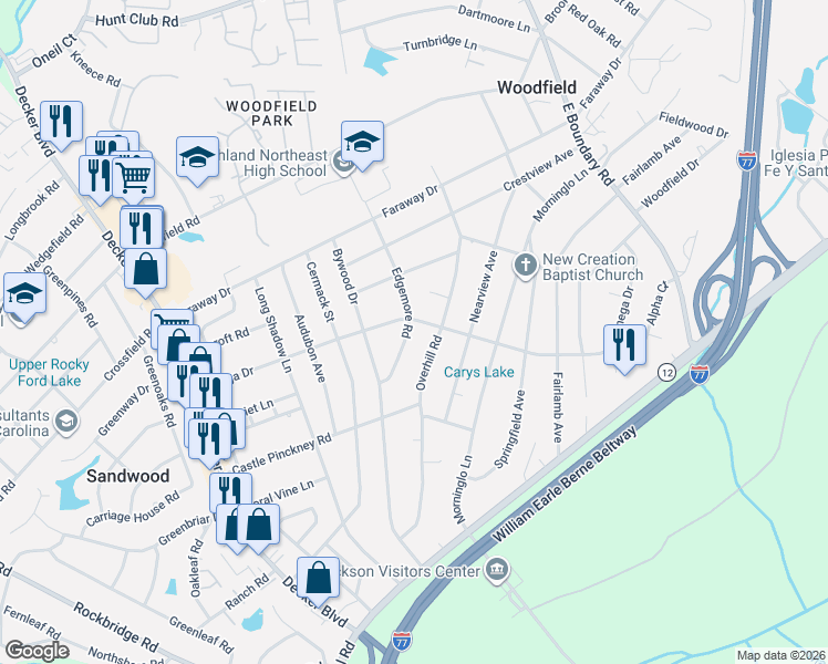map of restaurants, bars, coffee shops, grocery stores, and more near 1634 Edgemore Road in Columbia