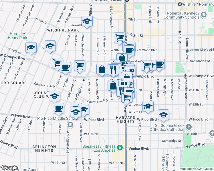map of restaurants, bars, coffee shops, grocery stores, and more near 1040 South Gramercy Drive in Los Angeles