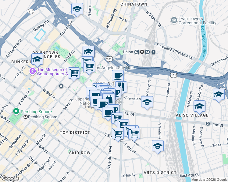 map of restaurants, bars, coffee shops, grocery stores, and more near 352 East Temple Street in Los Angeles