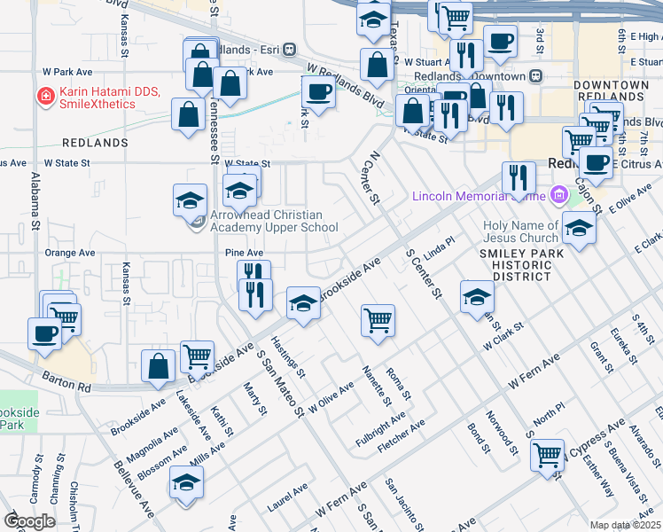 map of restaurants, bars, coffee shops, grocery stores, and more near 950 Palmbrook Drive in Redlands