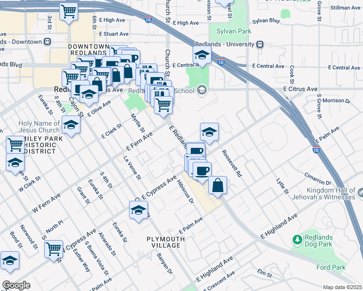 map of restaurants, bars, coffee shops, grocery stores, and more near 475 East Cypress Avenue in Redlands