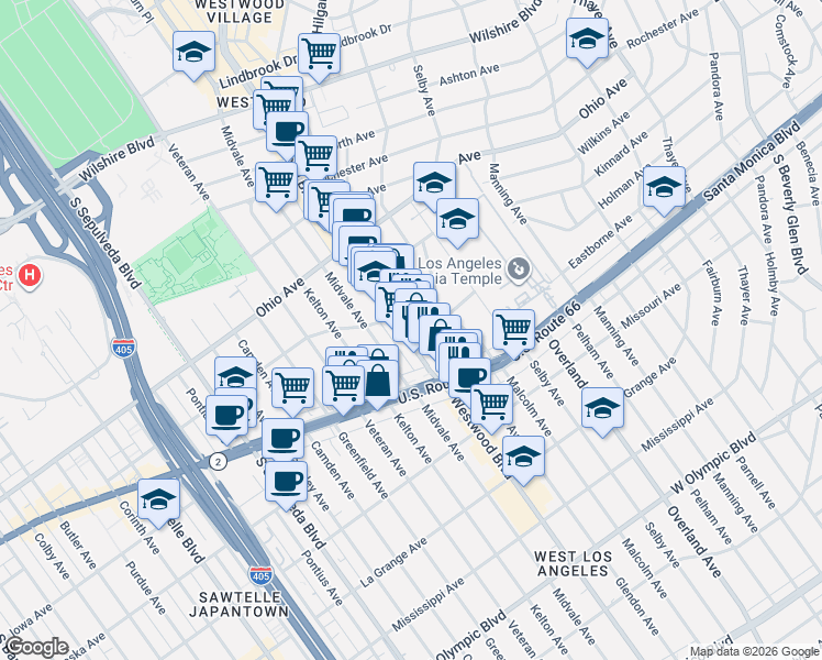 map of restaurants, bars, coffee shops, grocery stores, and more near 1722 Westwood Boulevard in Los Angeles
