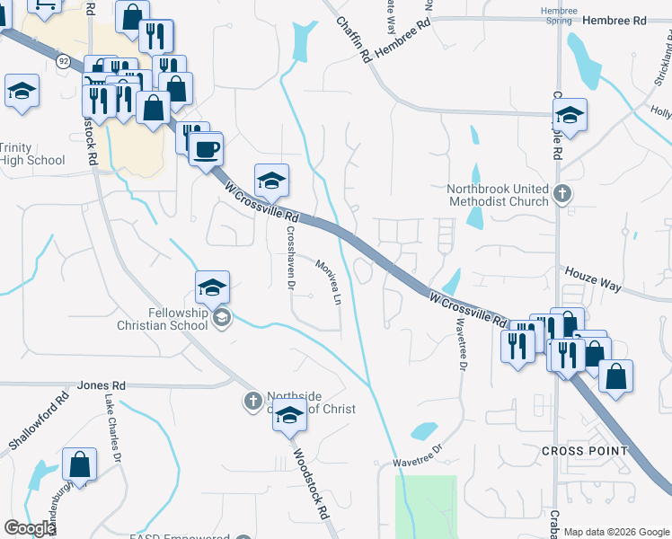 map of restaurants, bars, coffee shops, grocery stores, and more near 375 Monivea Lane in Roswell