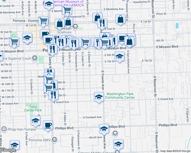 map of restaurants, bars, coffee shops, grocery stores, and more near 744 East 9th Street in Pomona