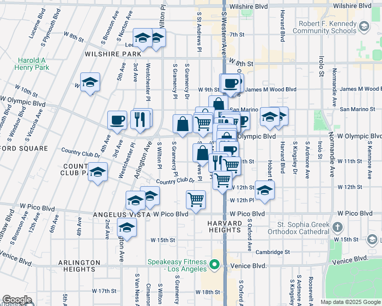 map of restaurants, bars, coffee shops, grocery stores, and more near 1040 South Gramercy Drive in Los Angeles