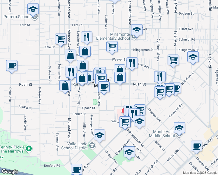 map of restaurants, bars, coffee shops, grocery stores, and more near 10346 1/2 Rush Street in South El Monte