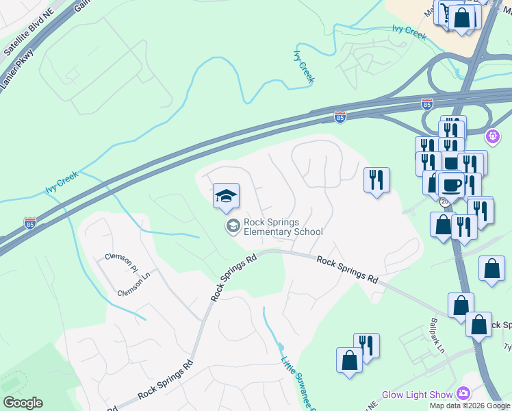 map of restaurants, bars, coffee shops, grocery stores, and more near 3154 Baymount Way in Lawrenceville