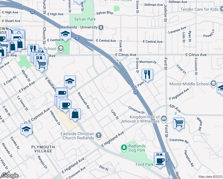 map of restaurants, bars, coffee shops, grocery stores, and more near 968 Ardmore Circle in Redlands