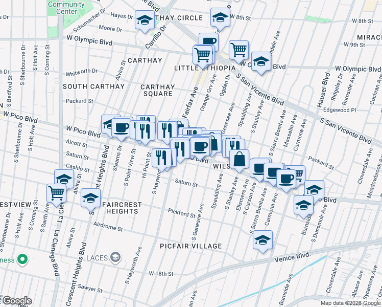 map of restaurants, bars, coffee shops, grocery stores, and more near West Pico Boulevard in Los Angeles