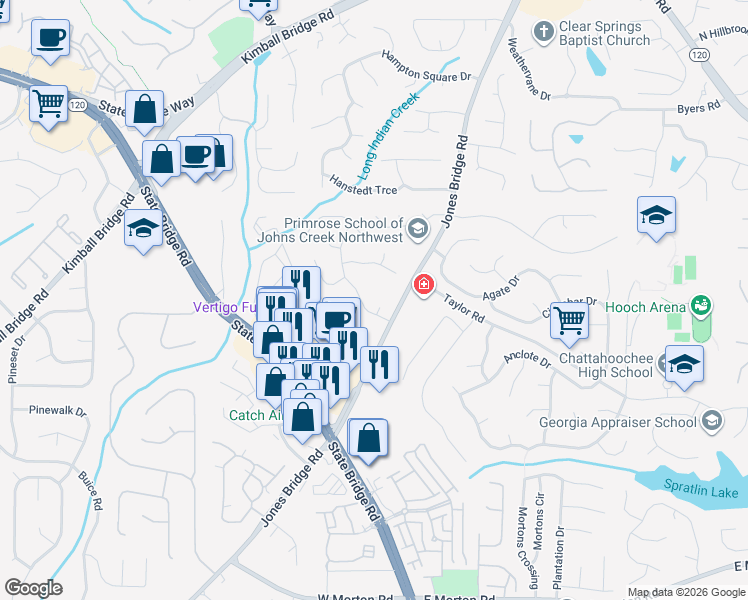map of restaurants, bars, coffee shops, grocery stores, and more near 110 Yatley Court in Alpharetta