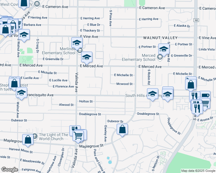 map of restaurants, bars, coffee shops, grocery stores, and more near 1265 S Primeaux Ave in West Covina
