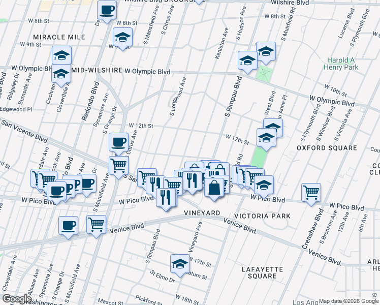 map of restaurants, bars, coffee shops, grocery stores, and more near 1252 Keniston Avenue in Los Angeles