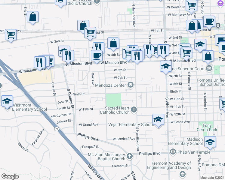 map of restaurants, bars, coffee shops, grocery stores, and more near 1257 West 9th Street in Pomona