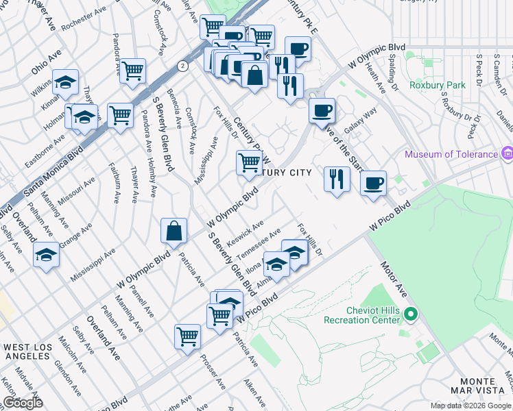 map of restaurants, bars, coffee shops, grocery stores, and more near 10349 Bellwood Avenue in Los Angeles
