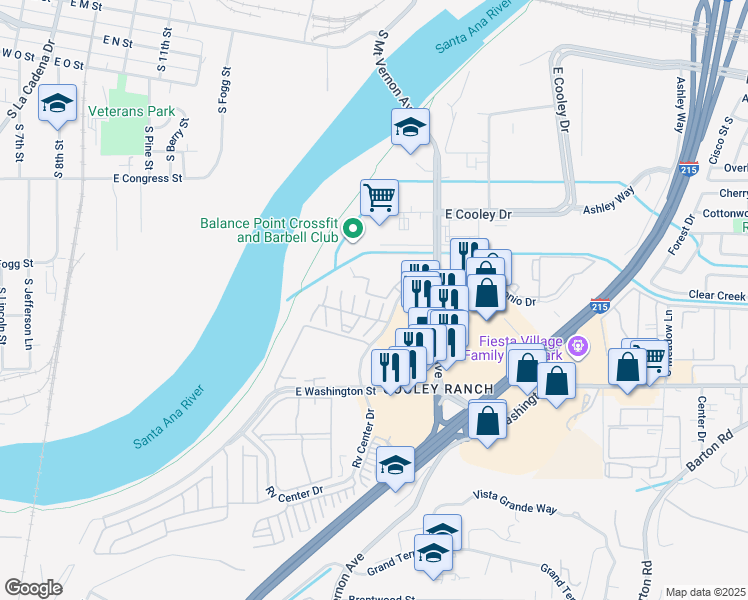 map of restaurants, bars, coffee shops, grocery stores, and more near 1077 South Santo Antonio Drive in Colton