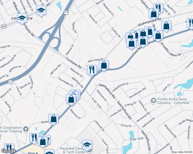 map of restaurants, bars, coffee shops, grocery stores, and more near 5460 Two Notch Road in Columbia