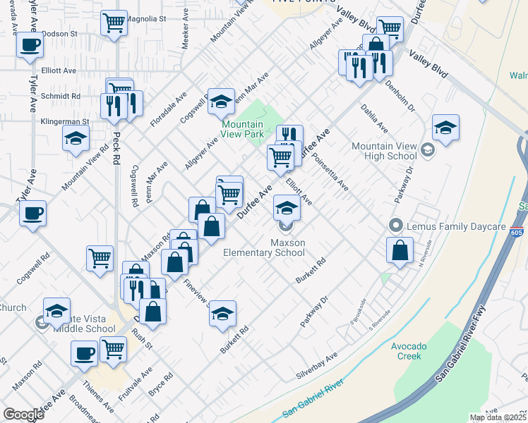 map of restaurants, bars, coffee shops, grocery stores, and more near 12322 Felipe Street in El Monte
