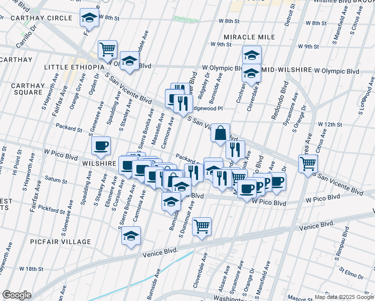 map of restaurants, bars, coffee shops, grocery stores, and more near 1276 South Ridgeley Drive in Los Angeles