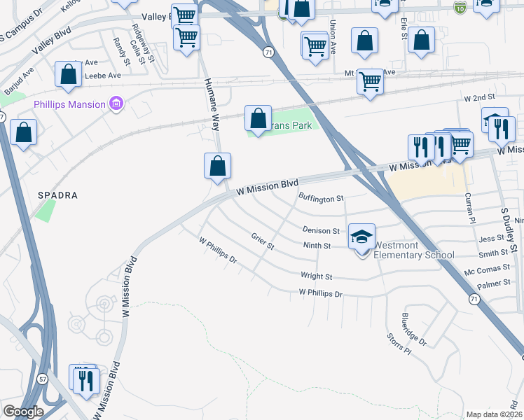 map of restaurants, bars, coffee shops, grocery stores, and more near 1956 Denison Street in Pomona