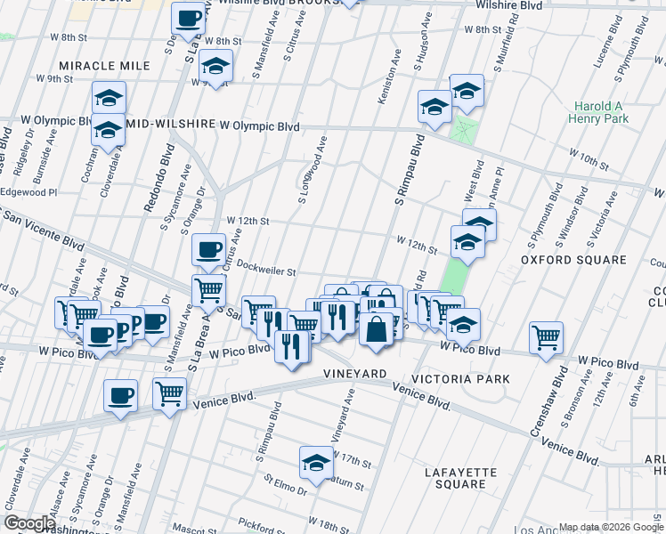 map of restaurants, bars, coffee shops, grocery stores, and more near 1252 Keniston Avenue in Los Angeles
