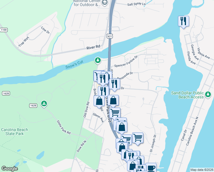 map of restaurants, bars, coffee shops, grocery stores, and more near 1413 Access Rd in Carolina Beach