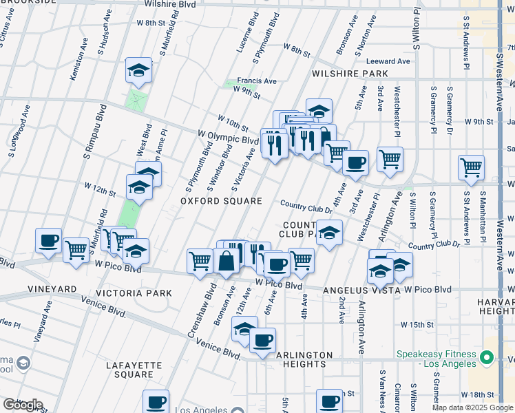 map of restaurants, bars, coffee shops, grocery stores, and more near 1140 Crenshaw Boulevard in Los Angeles
