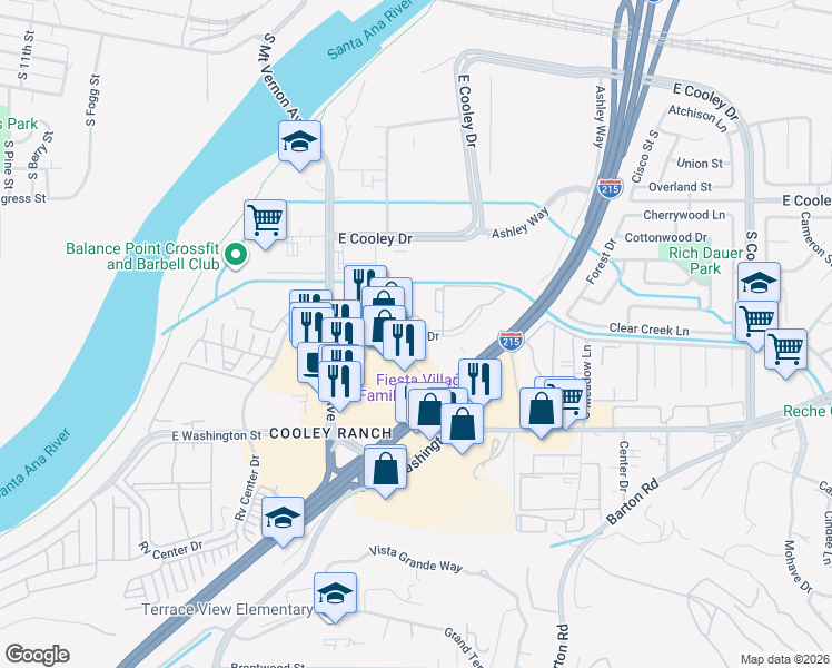 map of restaurants, bars, coffee shops, grocery stores, and more near 1160 East Santo Antonio Drive in Colton