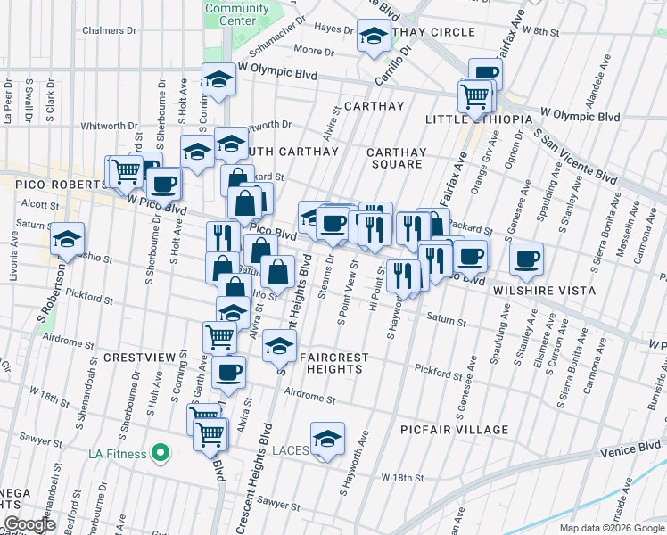 map of restaurants, bars, coffee shops, grocery stores, and more near 1424 Stearns Drive in Los Angeles