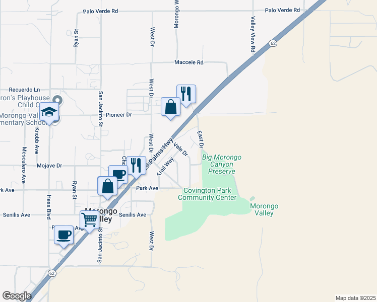 map of restaurants, bars, coffee shops, grocery stores, and more near 11045 Trail Way in Morongo Valley