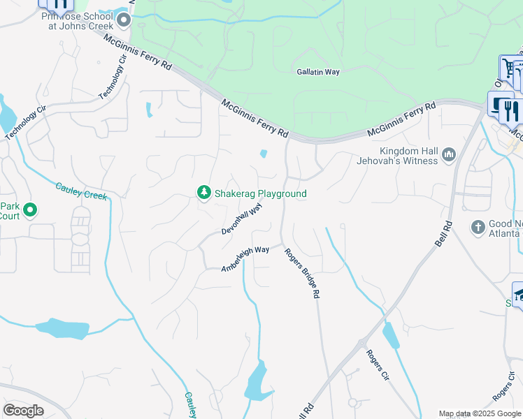 map of restaurants, bars, coffee shops, grocery stores, and more near 7295 Devonhall Way in Duluth