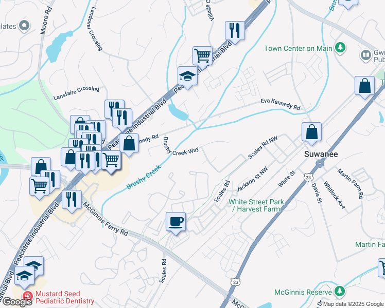 map of restaurants, bars, coffee shops, grocery stores, and more near 4030 Brushy Creek Way in Suwanee