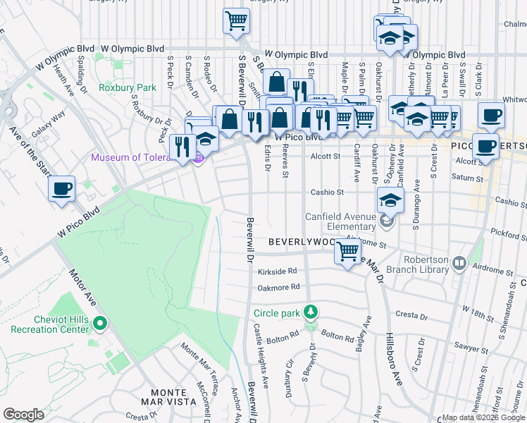 map of restaurants, bars, coffee shops, grocery stores, and more near 1533 Edris Drive in Los Angeles