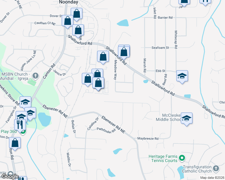 map of restaurants, bars, coffee shops, grocery stores, and more near 4177 Meadow Way in Marietta