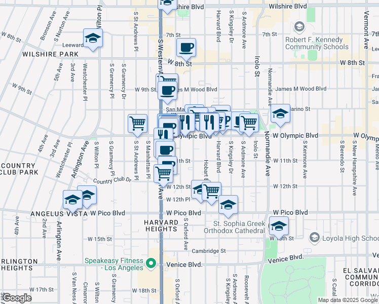 map of restaurants, bars, coffee shops, grocery stores, and more near 1039 South Serrano Avenue in Los Angeles