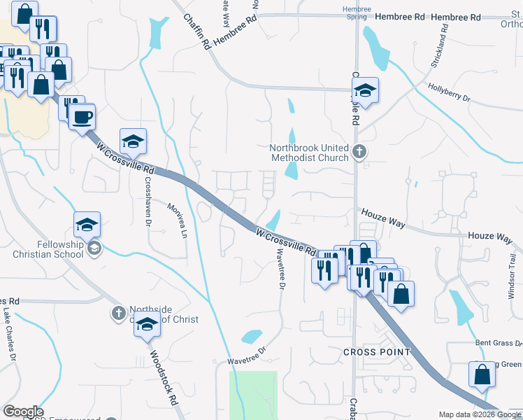 map of restaurants, bars, coffee shops, grocery stores, and more near 1011 Towneship Way in Roswell