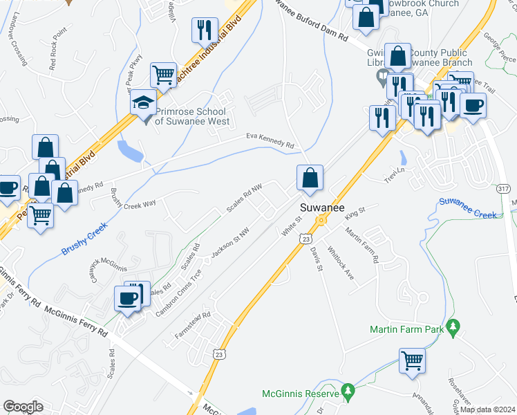 map of restaurants, bars, coffee shops, grocery stores, and more near 684 Jackson Street Northwest in Suwanee