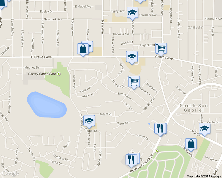 map of restaurants, bars, coffee shops, grocery stores, and more near 7241 Teresa Avenue in Rosemead