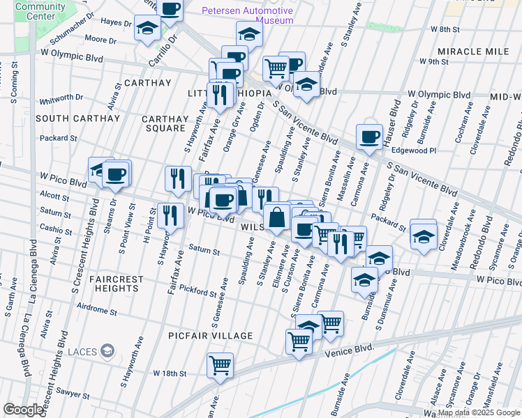 map of restaurants, bars, coffee shops, grocery stores, and more near 1339 South Spaulding Avenue in Los Angeles