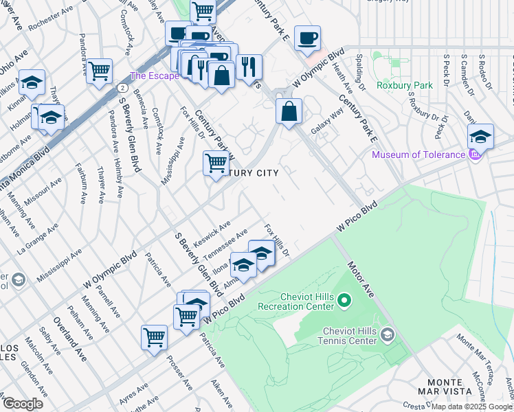 map of restaurants, bars, coffee shops, grocery stores, and more near 2250 Fox Hills Drive in Los Angeles