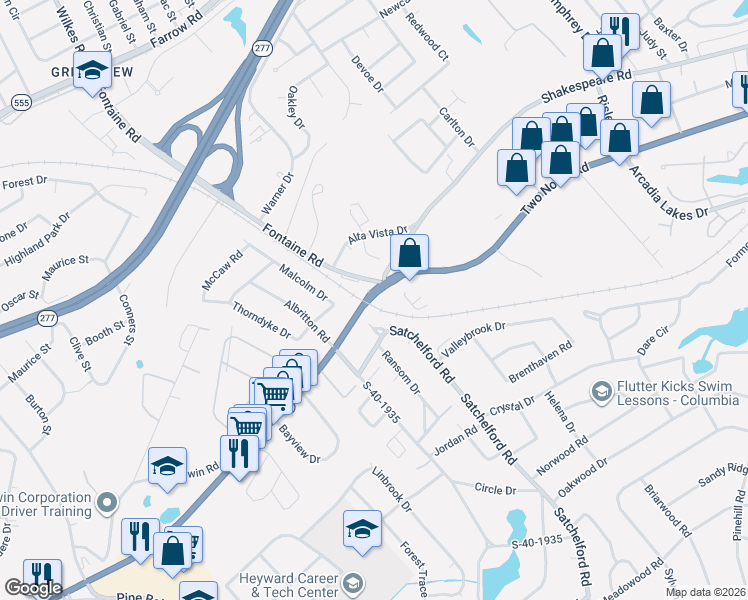map of restaurants, bars, coffee shops, grocery stores, and more near 5460 Two Notch Rd in Columbia