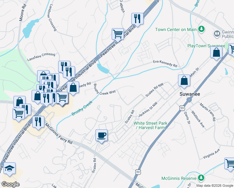 map of restaurants, bars, coffee shops, grocery stores, and more near 3988 Brushy Ridge Way in Suwanee