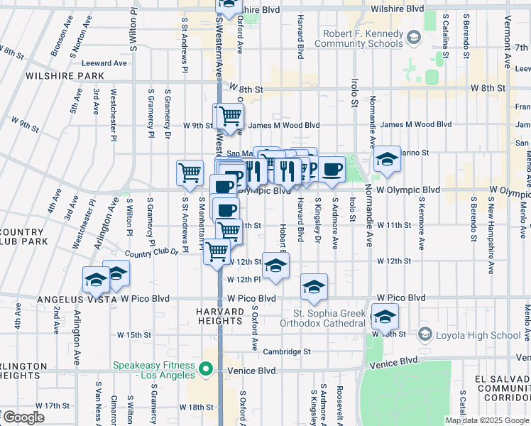 map of restaurants, bars, coffee shops, grocery stores, and more near 1039 South Serrano Avenue in Los Angeles