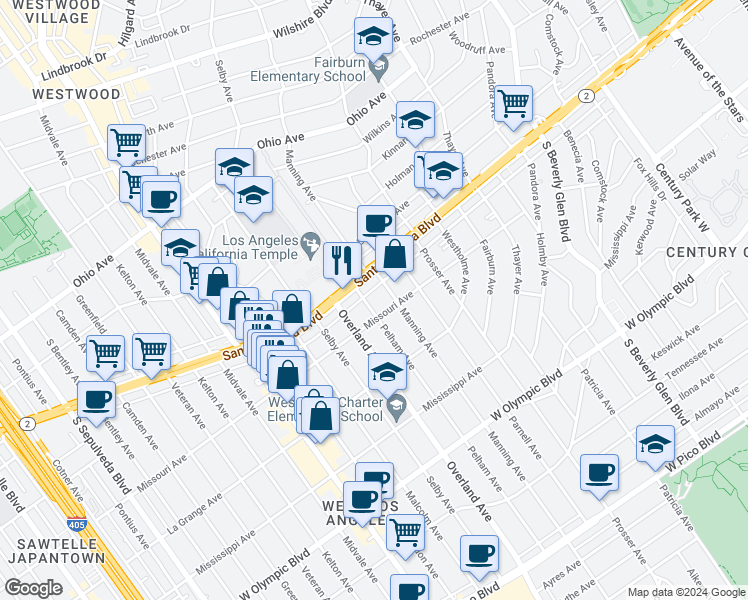 map of restaurants, bars, coffee shops, grocery stores, and more near 1818 Pelham Avenue in Los Angeles
