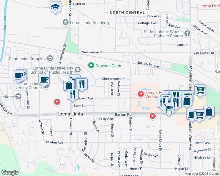 map of restaurants, bars, coffee shops, grocery stores, and more near 11139 Poplar Street in Loma Linda