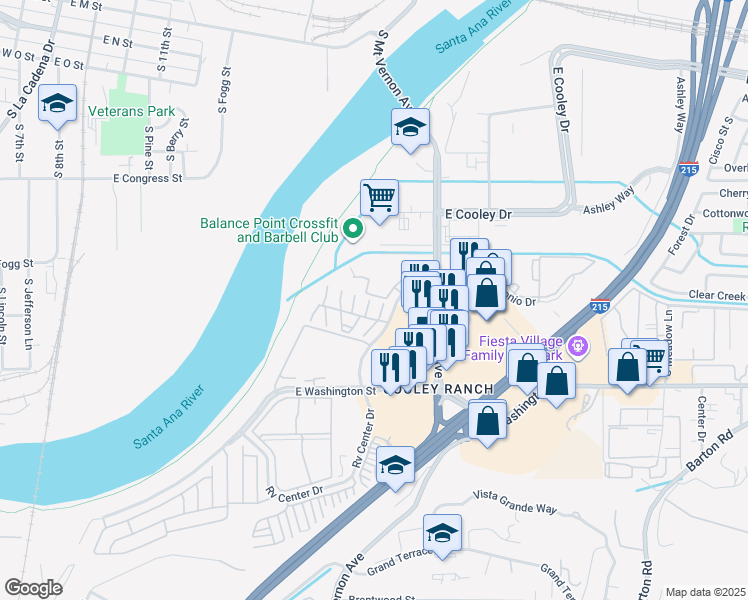 map of restaurants, bars, coffee shops, grocery stores, and more near 1077 South Santo Antonio Drive in Colton