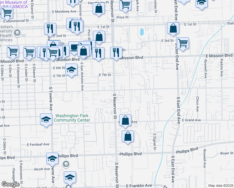 map of restaurants, bars, coffee shops, grocery stores, and more near in Pomona